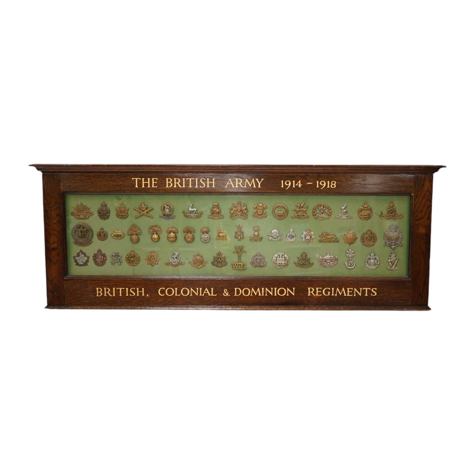 An oak framed display case of cap badges from the British, Colonial and Dominion Regiments, forty-nine badges including Australian Commonwealth Military Forces, the Royal Warwickshire Regiment, the Wiltshire Regiment, th